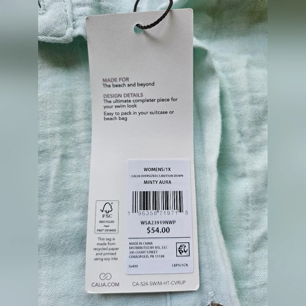 CALIA Women's Oversized 100% Cotton Cover Up, Minty Aura, Green, Size 1X, NWT - Picture 11 of 11